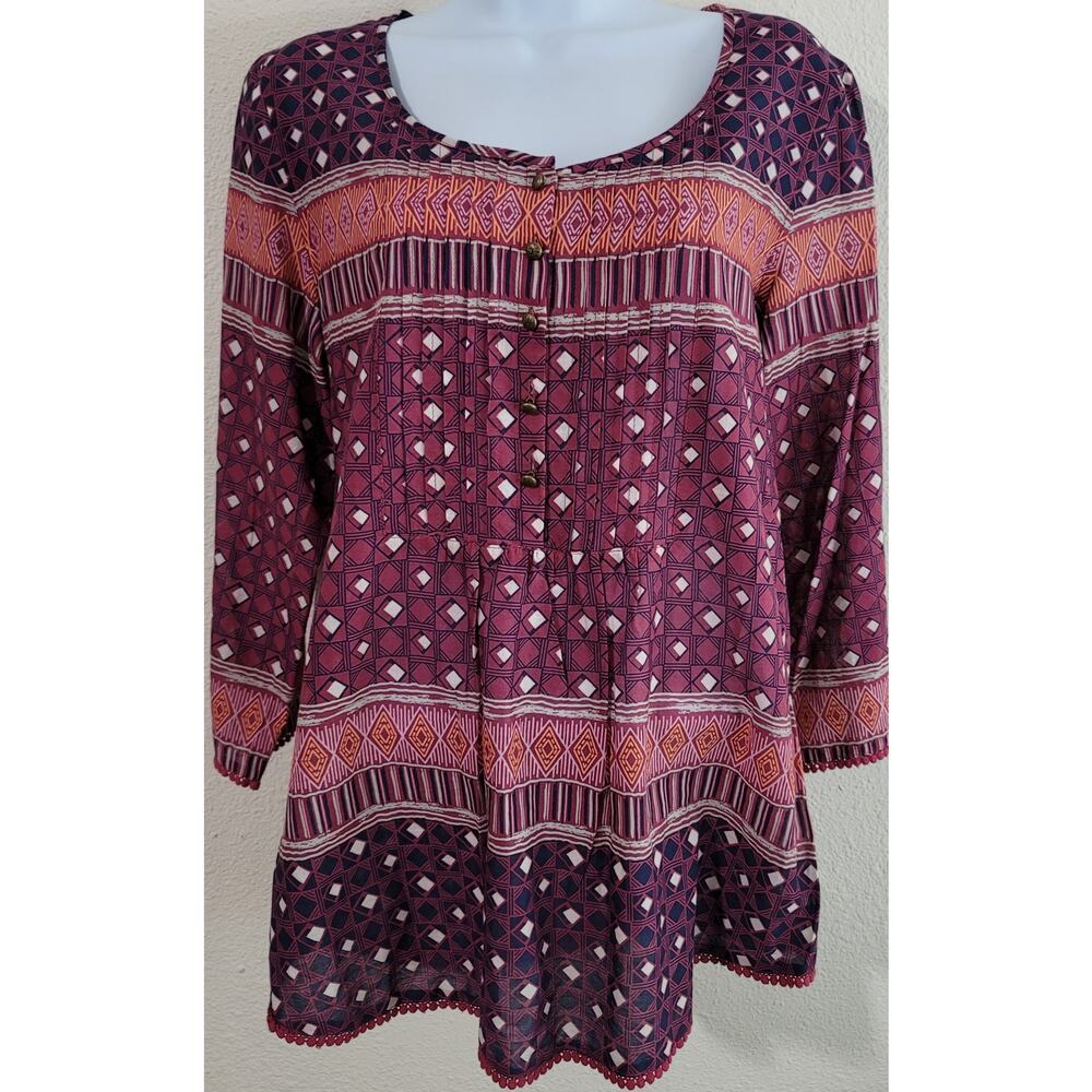 Bob Timberlake Purple Blue Geo Print Pleated Front Tunic Top Large 3/4 Sleeves
